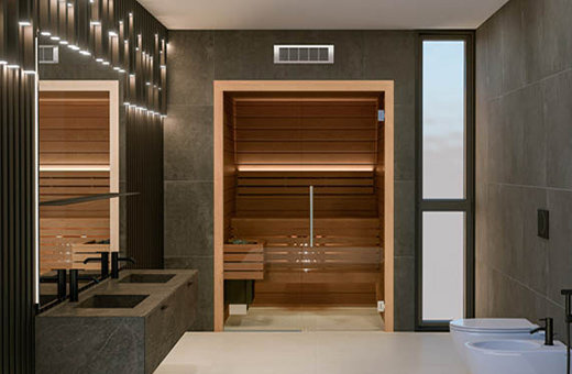 Kleine Sauna Zuhause als Bausatz: moderne Innensauna mit Glasfront und LED Beleuchtung.